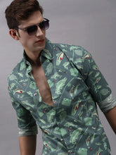 Men Green Printed Casual Shirt-PERRYPRINT-1851-Seagreen